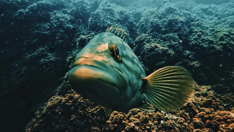 Gros mérou brun observant la caméra sur un récifal corallien