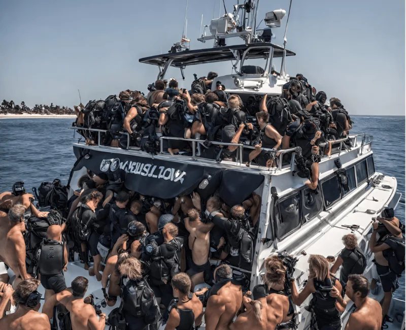 Groupe de plongeurs sur le pont d'un bateau en mer