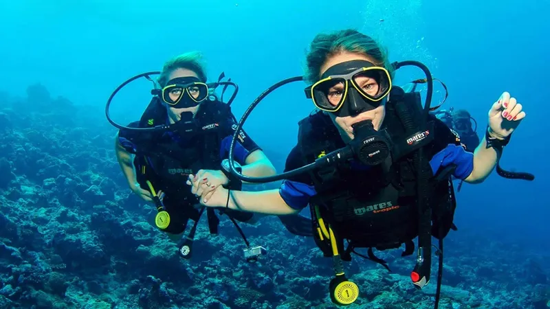 Deux plongeurs s'approchent de l'appareil photo dans l'eau bleue