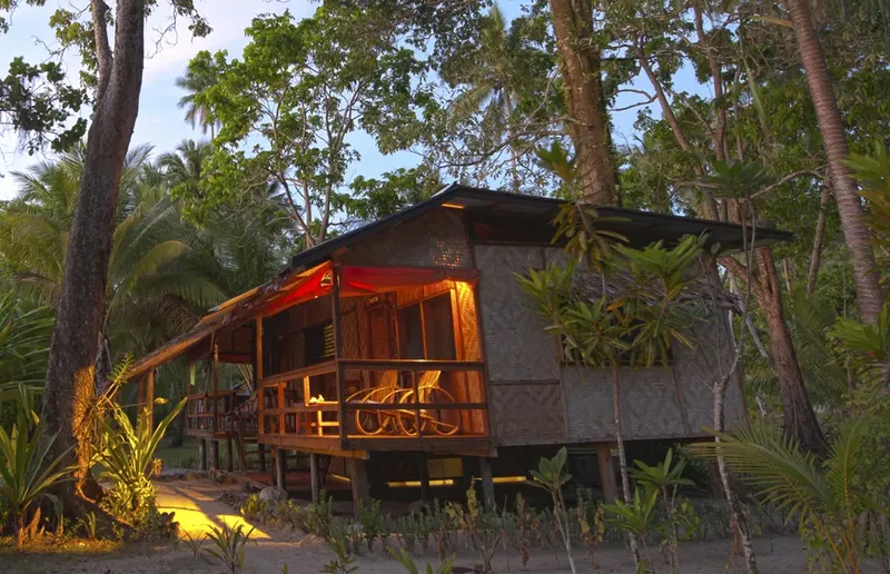 Cabane en bois sur pilotis, végétation tropicale, éclairage chaleureux