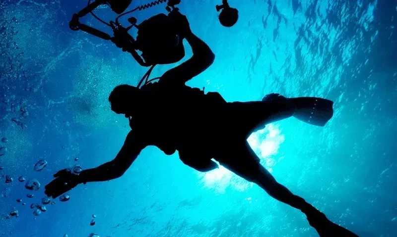 Plongeur silhouetté nageant dans une eau bleue claire et ensoleillée