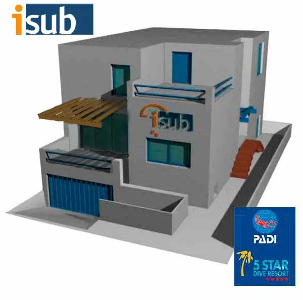Illustration 3D d'un bâtiment moderne avec logos de plongée