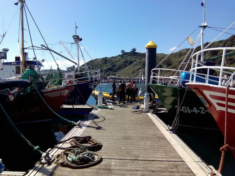 Ponton en bois avec bateaux de pêche et des personnes discutant
