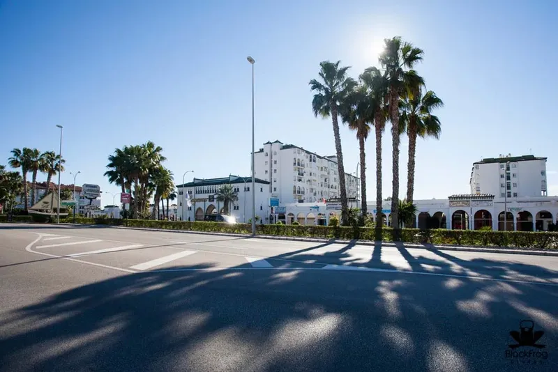 Bâtiment blanc avec palmiers et parking ensoleillé au premier plan