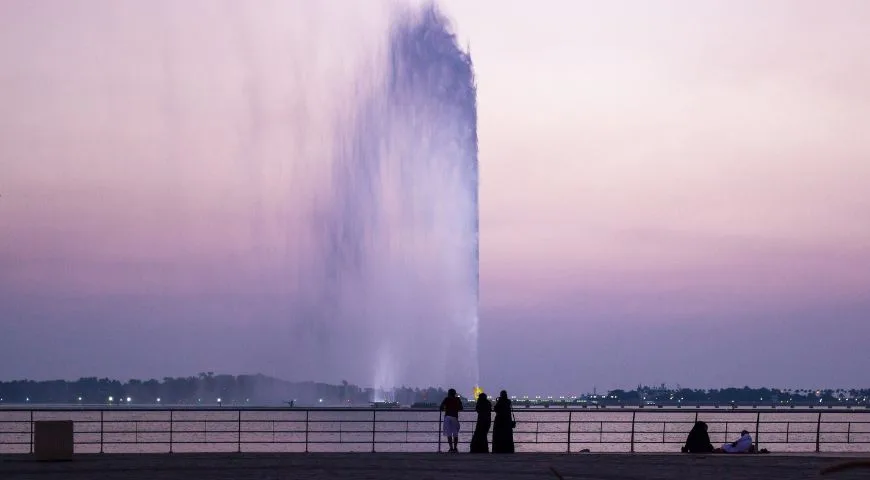 Personnes regardant une fontaine illuminée au crépuscule sur un quai