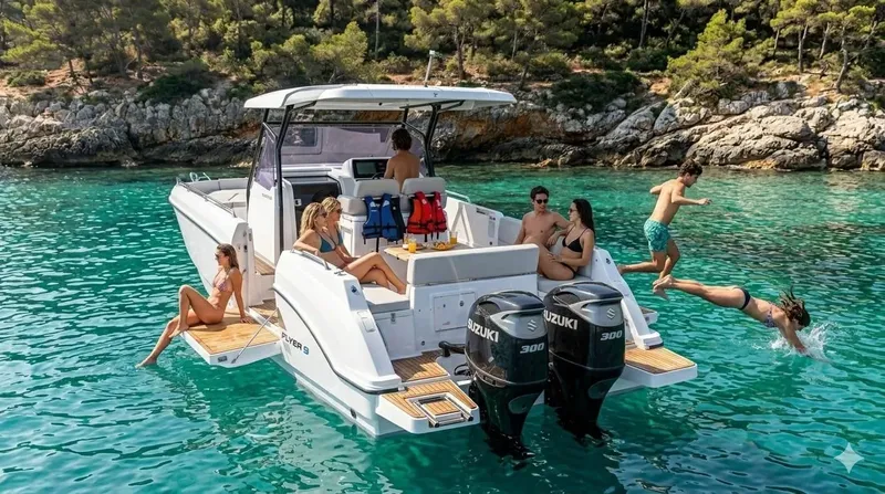 Groupe de personnes sur un bateau en mer, sautant et souriant