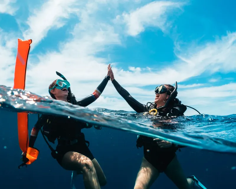 Deux plongeurs se donnent un high-five sous la surface de l'eau