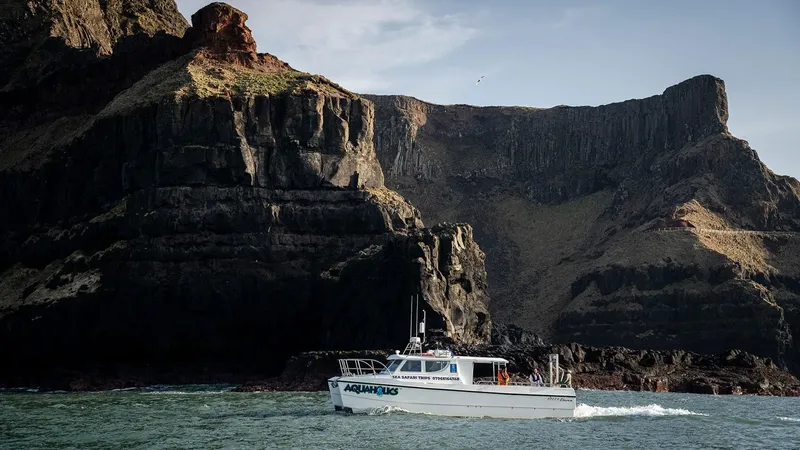 Bateau de plongée navigue devant une côte rocheuse et escarpée