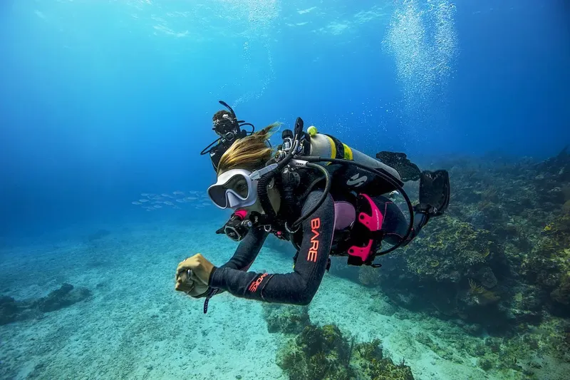 Plongeuse explorant un récifal corallien en milieu aquatique bleu
