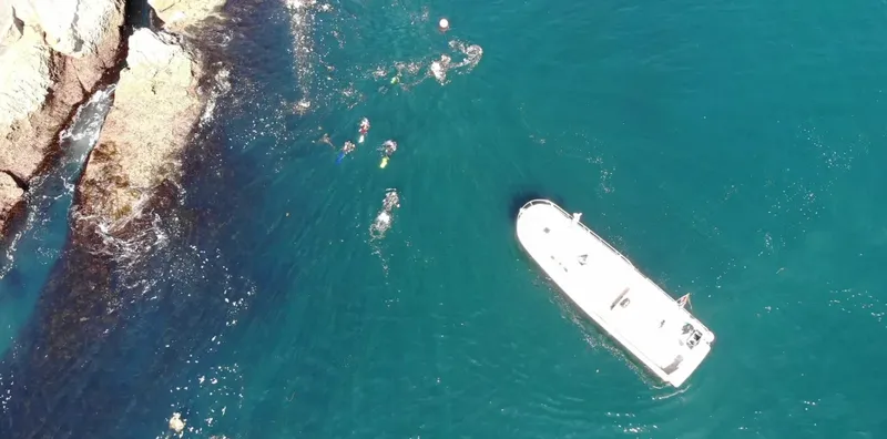 Plongeurs en surface près d'un bateau et d'une côte rocheuse