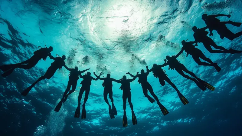 Groupe de plongeurs en formation, nageant en cercle sous la surface