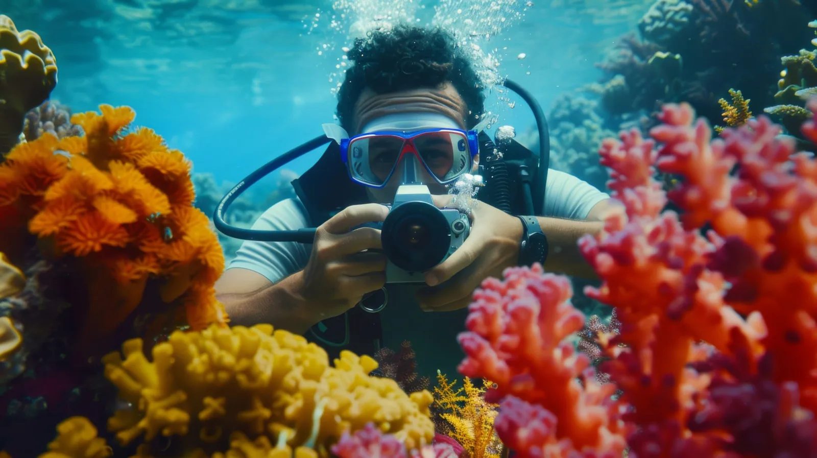 Plongeur photographiant un récif corallien coloré avec un appareil photo