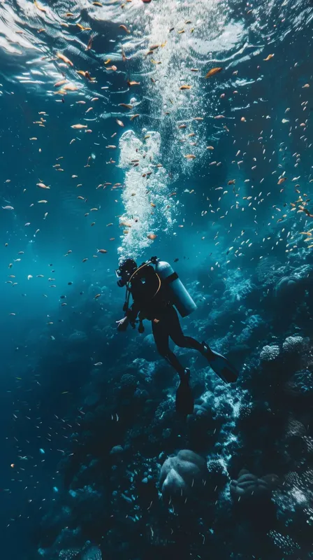 Plongeur explorant un récif corallien bleu profond avec des poissons