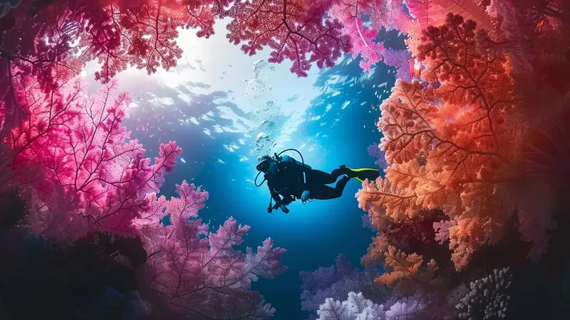 Plongeur evoluant au milieu de coraux colorés et de poissons