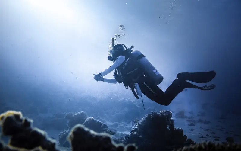 Plongeur en combinaison explore un récifal sous-marin bleu et lumineux