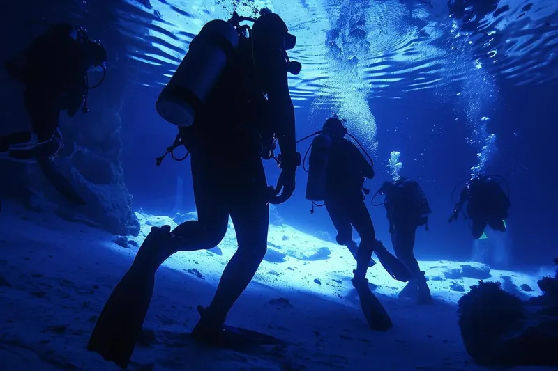Plongeurs évoluant dans une eau bleue, silhouettes sombres, exploration sous-marine