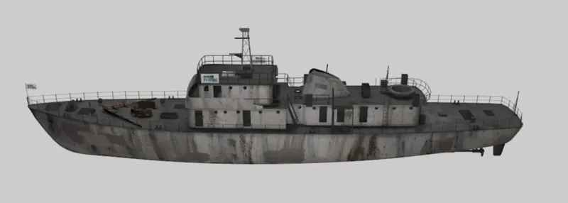 Bateau de plongée ancien, coque grise et rouillée, vue latérale complète