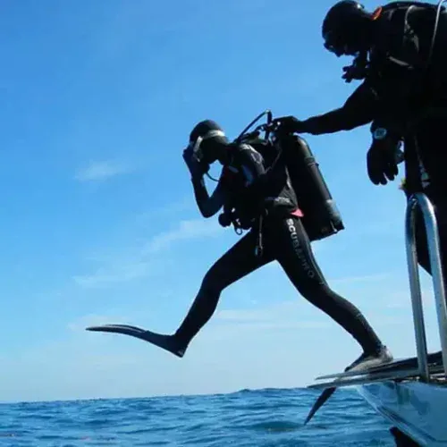 Deux plongeurs s'apprêtent à sauter d'un bateau en mer