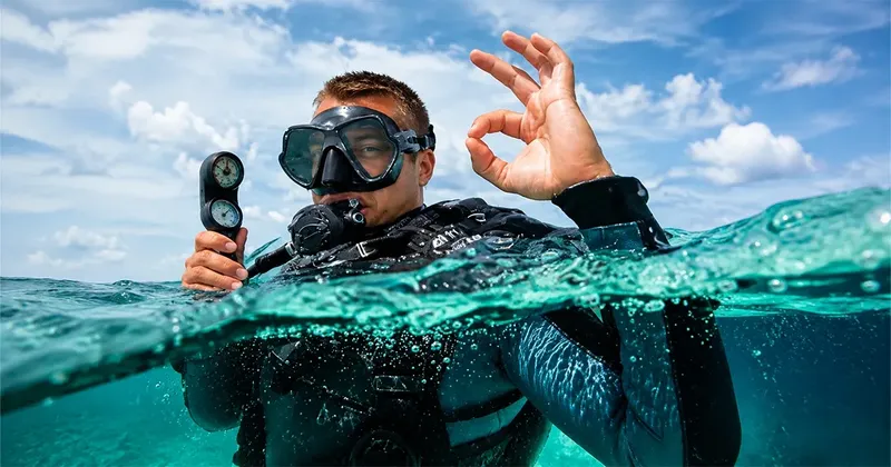 Plongeur en combinaison signe OK, moitié visage hors de l'eau