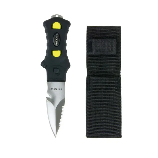 Couteau de plongée avec manche noir et jaune et son étui