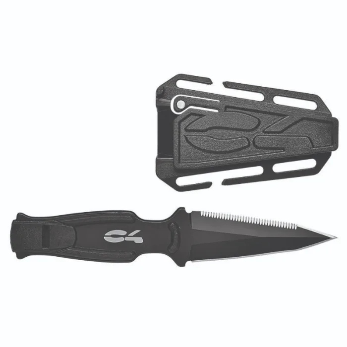 Couteau de plongée noir avec son étui en plastique gris