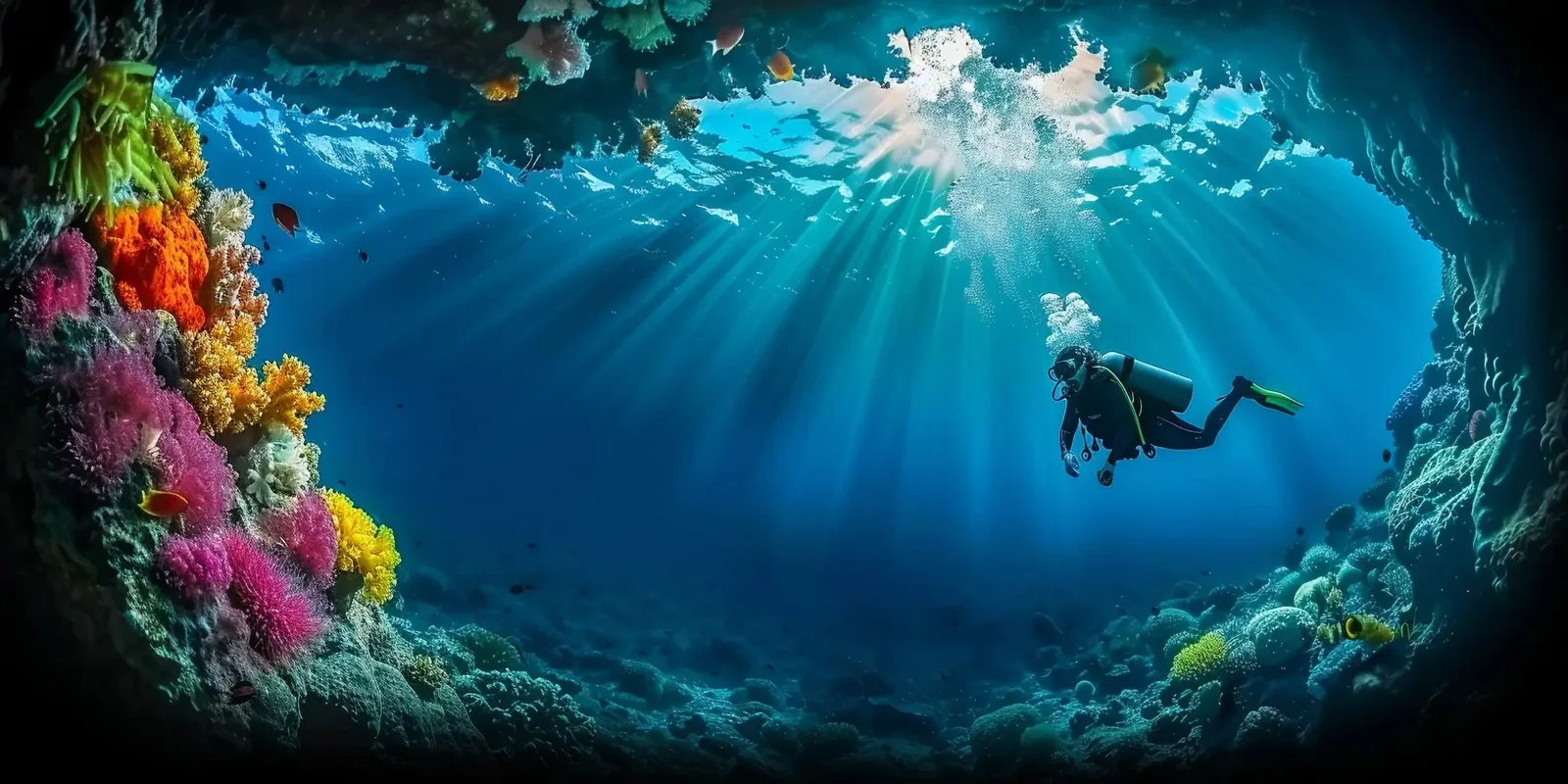 Plongeur explorant un récif corallien coloré sous les rayons du soleil