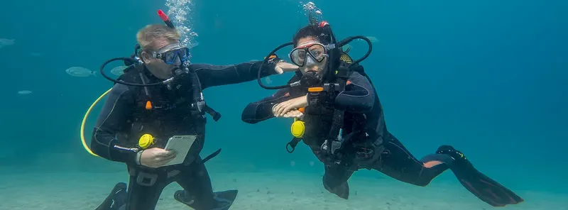 Deux plongeurs communiquent sous l'eau avec leur équipement complet