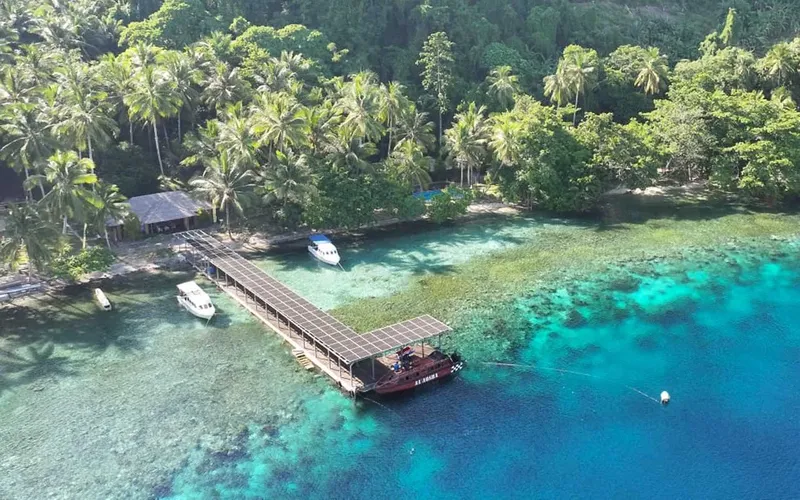 Vue aérienne d'un centre de plongée avec ponton et bateaux amarrés