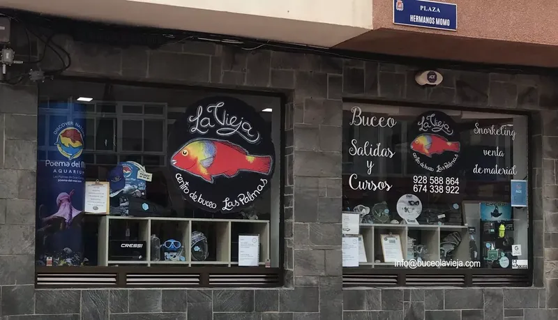 Vitrine d'un centre de plongée avec du matériel et des illustrations marines