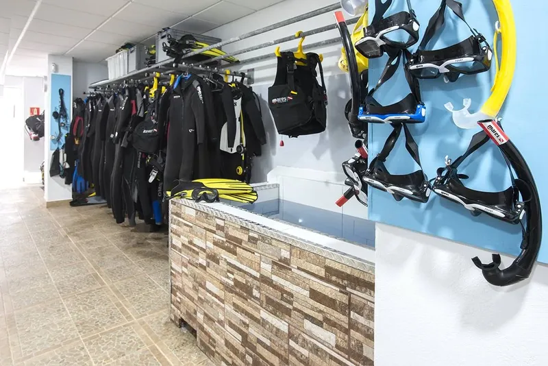 Equipement de plongée complet : combinaisons, gilets, détendeurs et palmes rangés