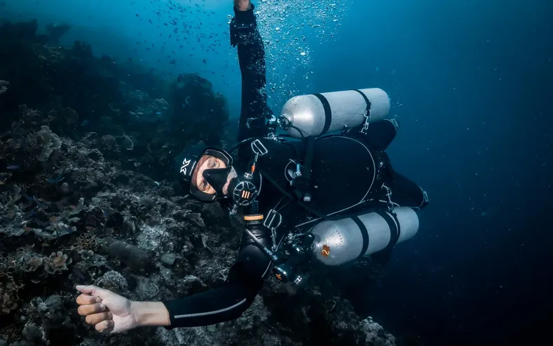 Plongeur en combinaison noire explore un récifal corallien bleu profond