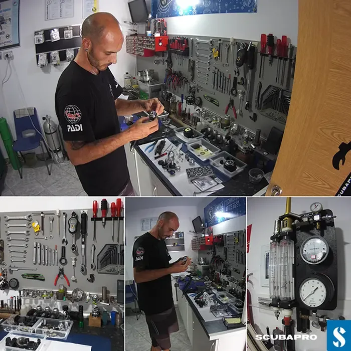 Un technicien répare du matériel de plongée dans un atelier bien équipé