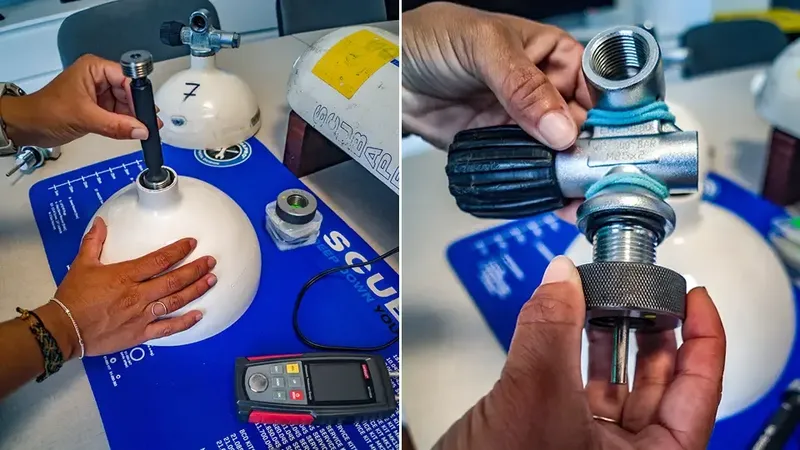 Mains manipulant des composants de bouteilles de plongée et un testeur