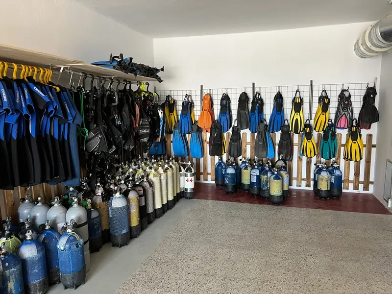 Rangées de combinaisons, gilets et bouteilles dans un local de plongée