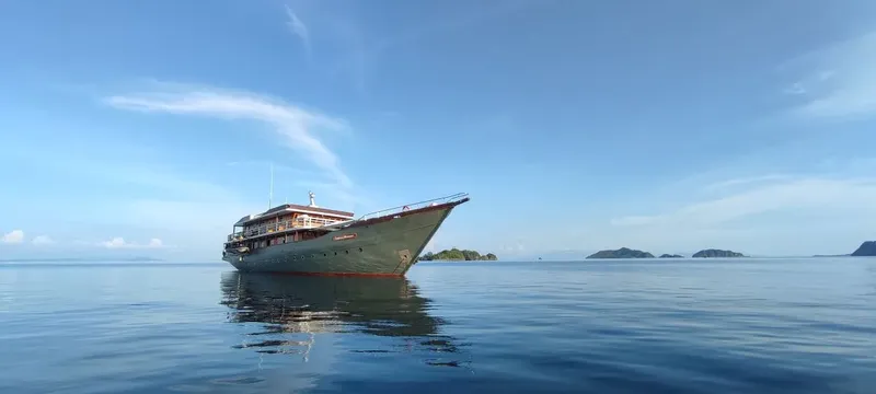 Grand bateau de croisière amarré sur une mer calme et bleue