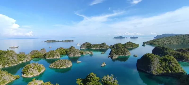 Archipel tropical avec des iles rocheuses couvertes de végétation turquoise
