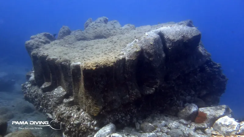 Épave rocheuse sous-marine avec colonnes et vie marine discrète