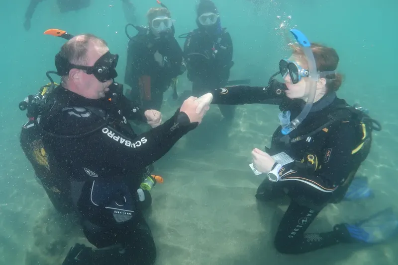 Deux plongeurs se donnent la main sous l'eau, communication visuelle