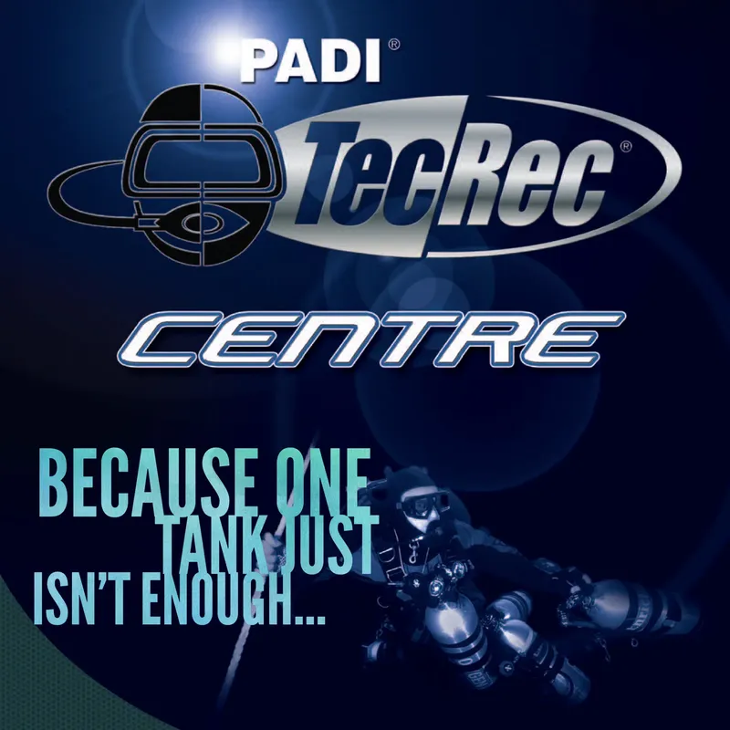 Logo PADI TecRec Centre avec des détendeurs et bouteilles bleues