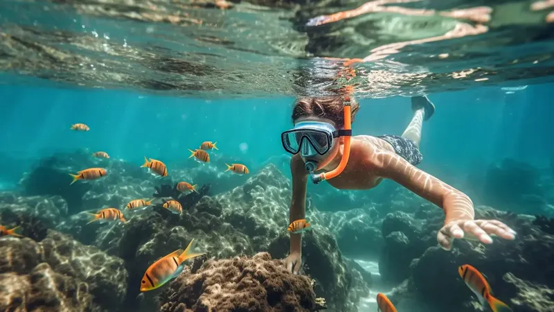 Snorkeler nageant parmi des poissons colorés au-dessus d'un récif rocheux