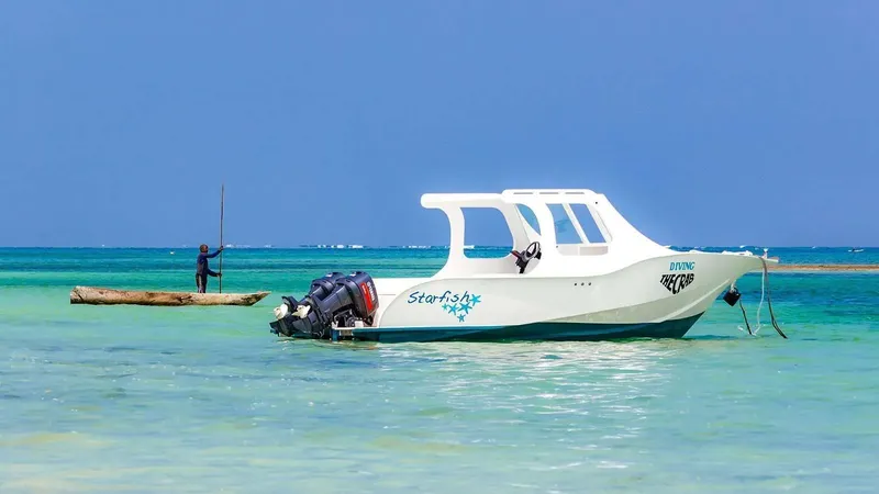 Bateau de plongée blanc amarré dans une eau turquoise et calme