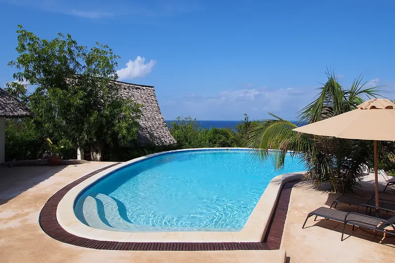 Piscine à débordement avec vue sur la mer et végétation tropicale