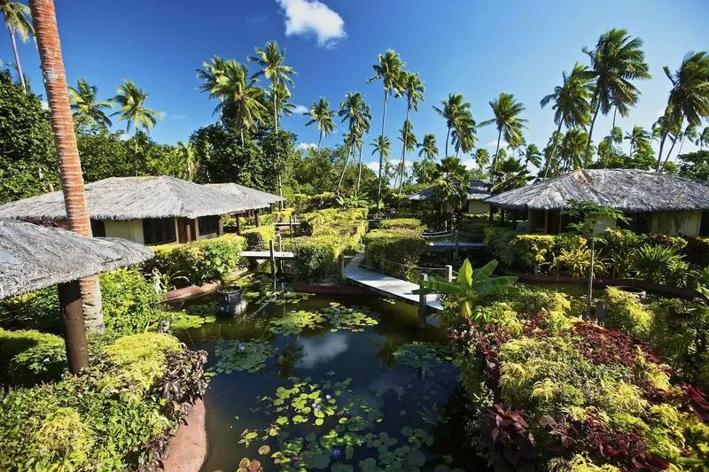 Bâtiments avec toits de chaume entourés de végétation tropicale luxuriante