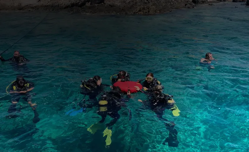 Plongeurs en surface avec bouée de signalisation dans une eau turquoise