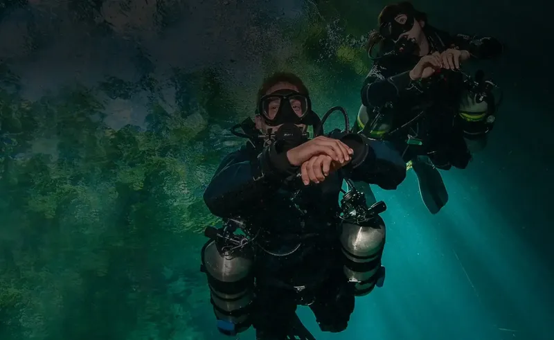 Deux plongeurs en combinaison explorent un milieu aquatique verdâtre