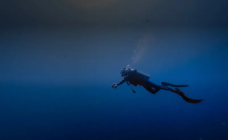 Plongeur en combinaison noire nageant dans une eau bleue profonde