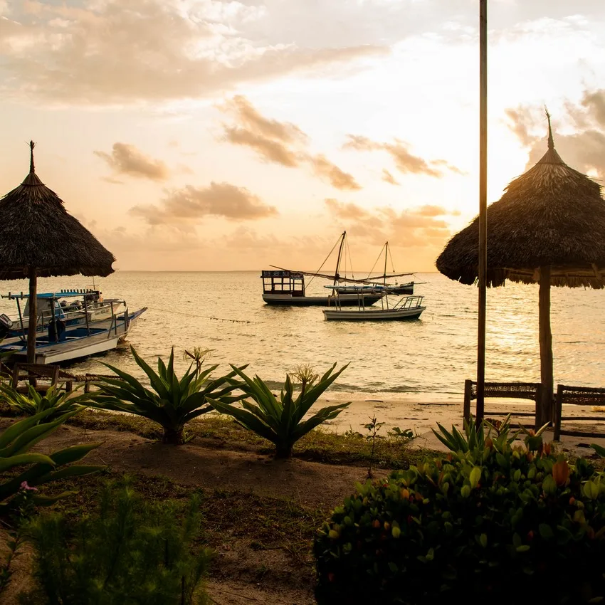Plage tropicale avec bateaux au coucher du soleil et végétation luxuriante