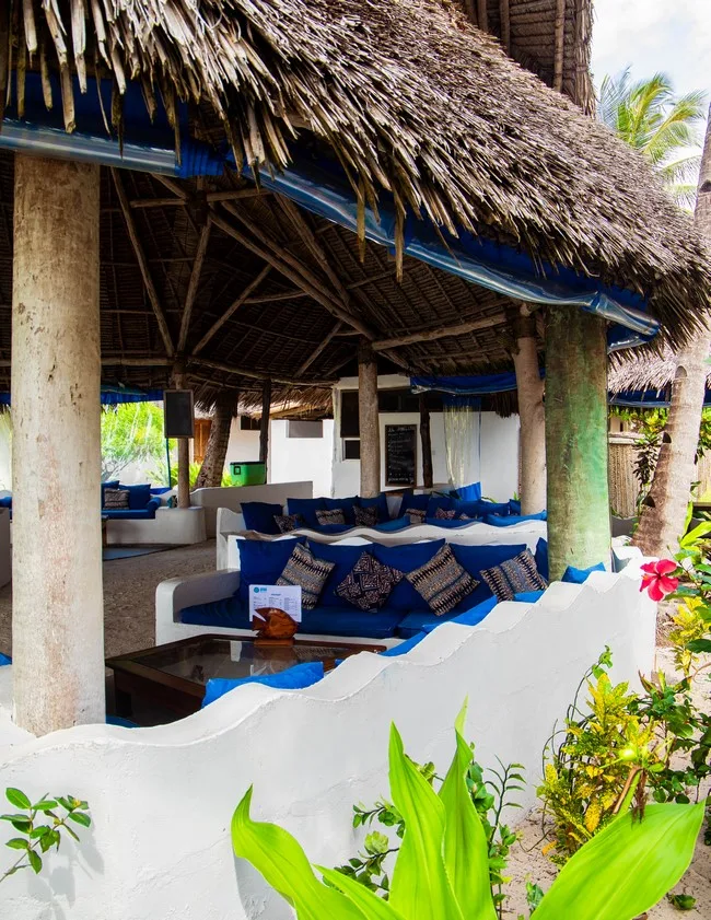 Espace détente ombragé avec canapés bleus et végétation tropicale luxuriante