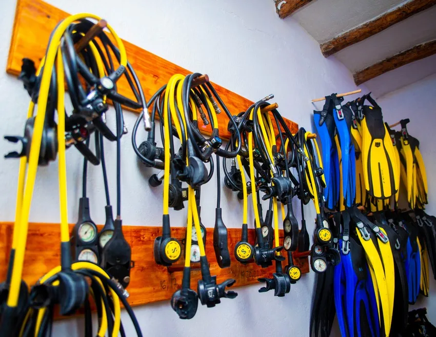 Rangée de détendeurs et de palmes de plongée accrochés au mur