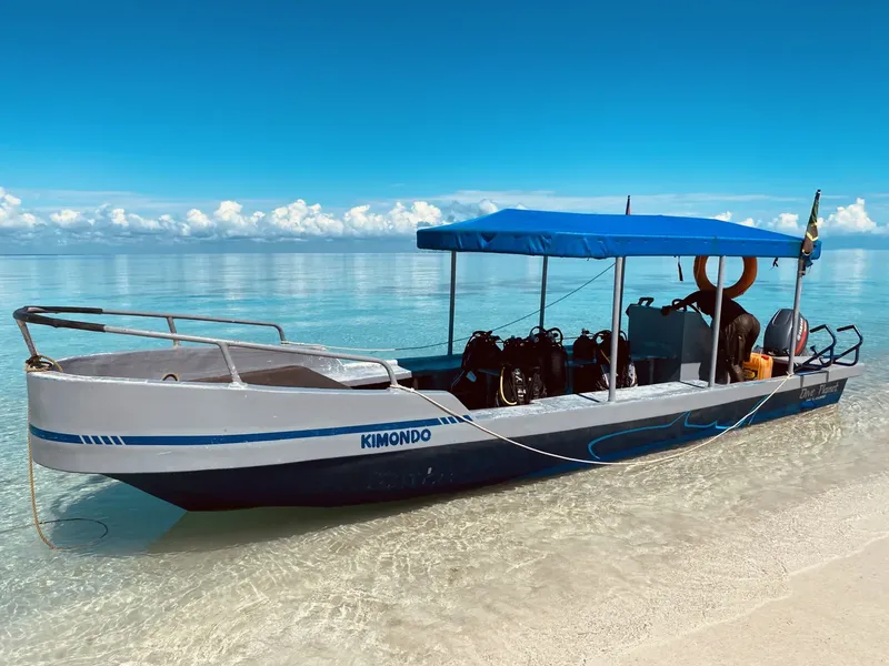 Bateau de plongée blanc et bleu amarré dans une eau turquoise claire